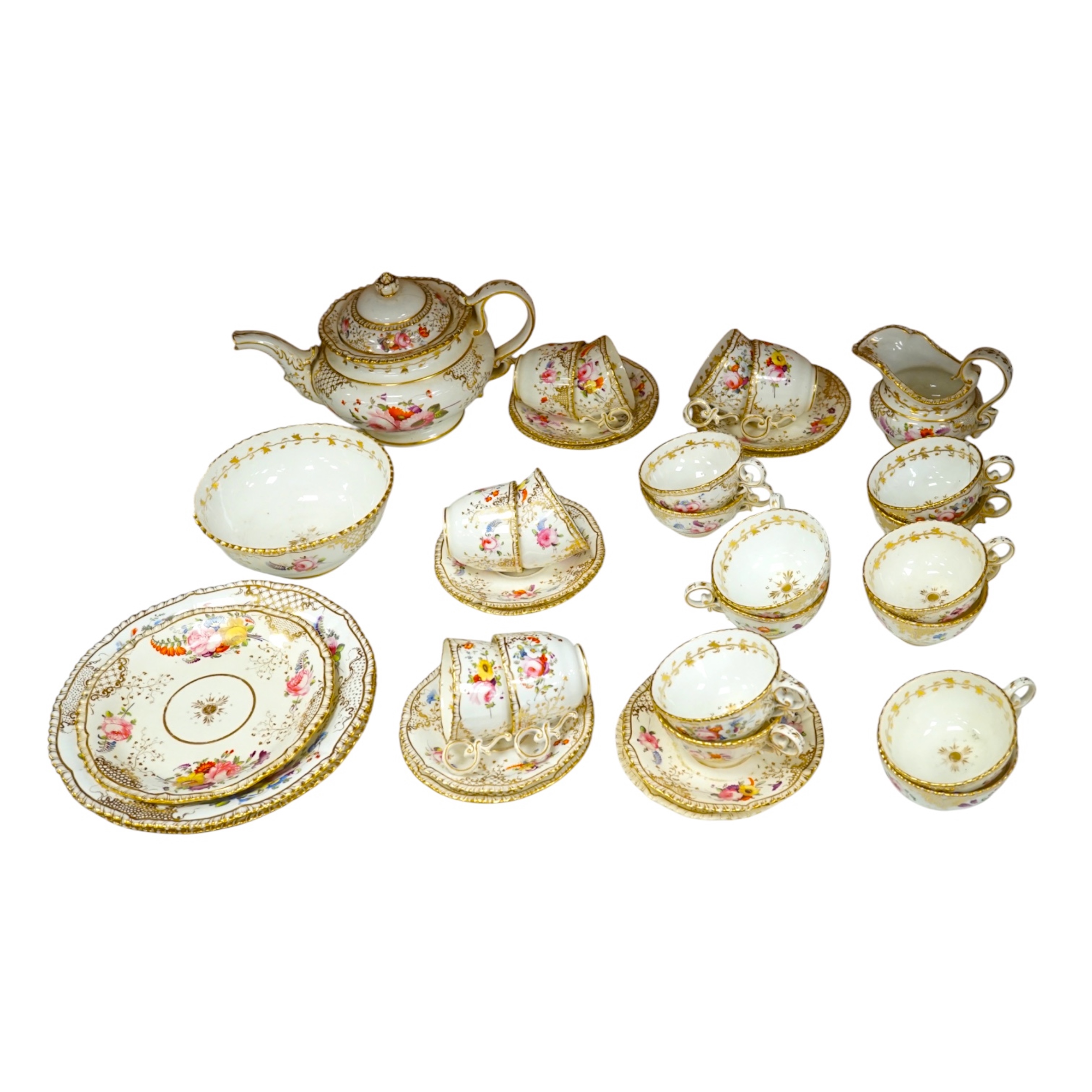 A Coalport floral part teaset, c.1825, to include teapot, sandwich plates and cups & saucers. Condition - poor to fair